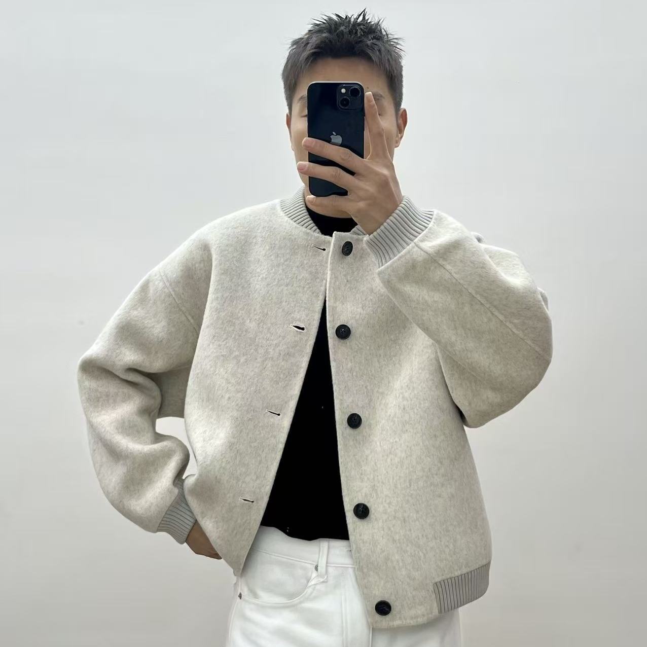 2025秋冬新款男士棒球领羊绒外套简约纯色休闲夹克痞帅潮牌上衣