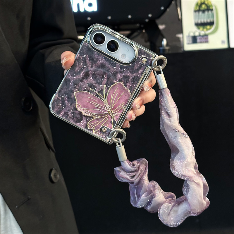 悦皇烫金闪紫豹纹蝴蝶适用于iPhone Duo阔折叠手机壳全包中轴前框斜挎绳手提纱巾苹果Duo翻盖磁吸充电保护套