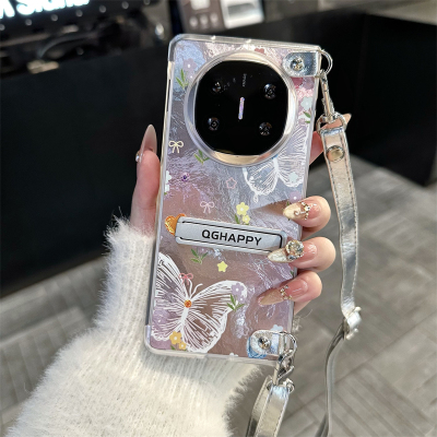 蝴蝶支架折叠手机壳斜挎挂绳手提