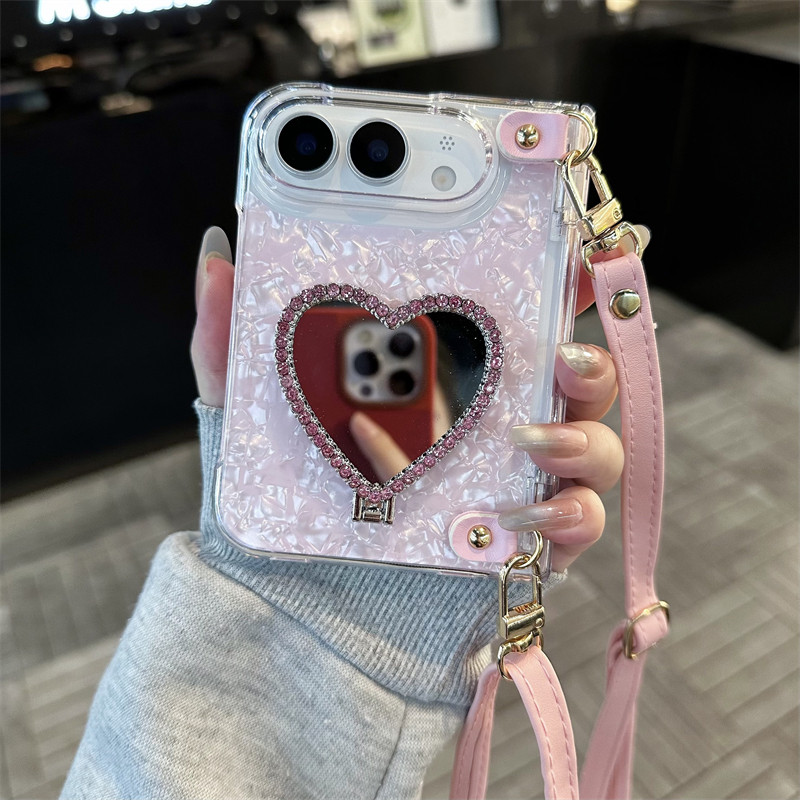 悦皇全包中轴前框贝壳粉适用于iPhone18Fold阔折叠手机壳爱心补妆镜支架iPhoneUltra翻盖保护套斜挎带绳手提