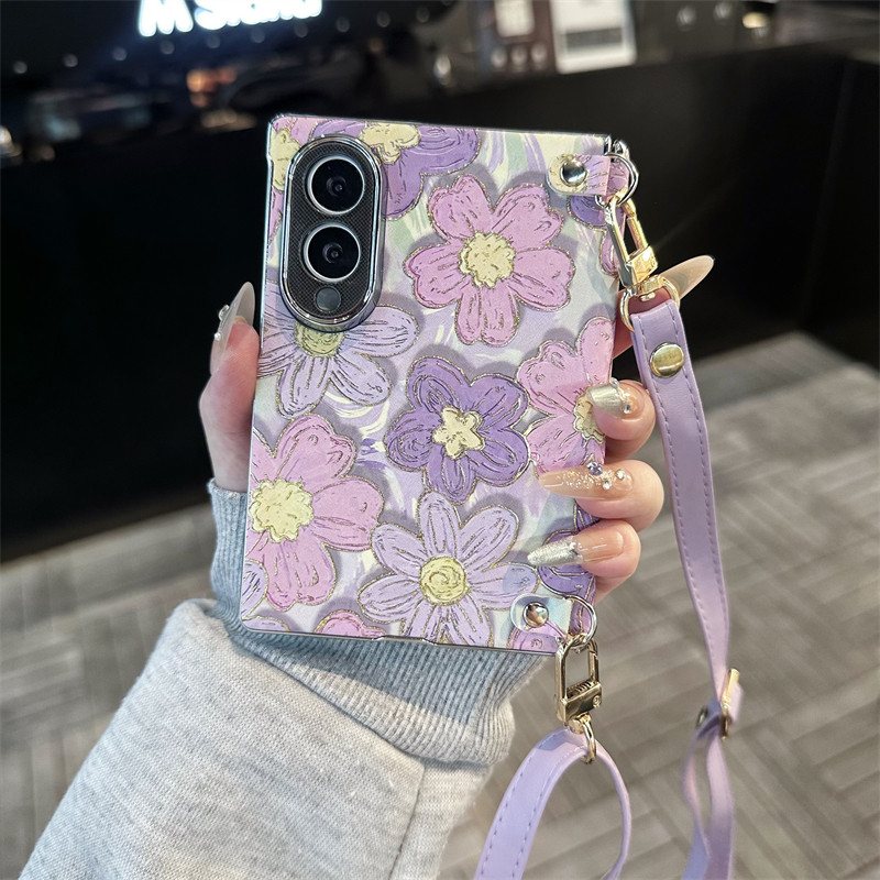 悦皇烫金油画紫花适用于三星GalaxyZFold8阔折叠手机壳全包中轴前框磁吸边ZFold8Ultra翻盖保护套斜挎绳手提