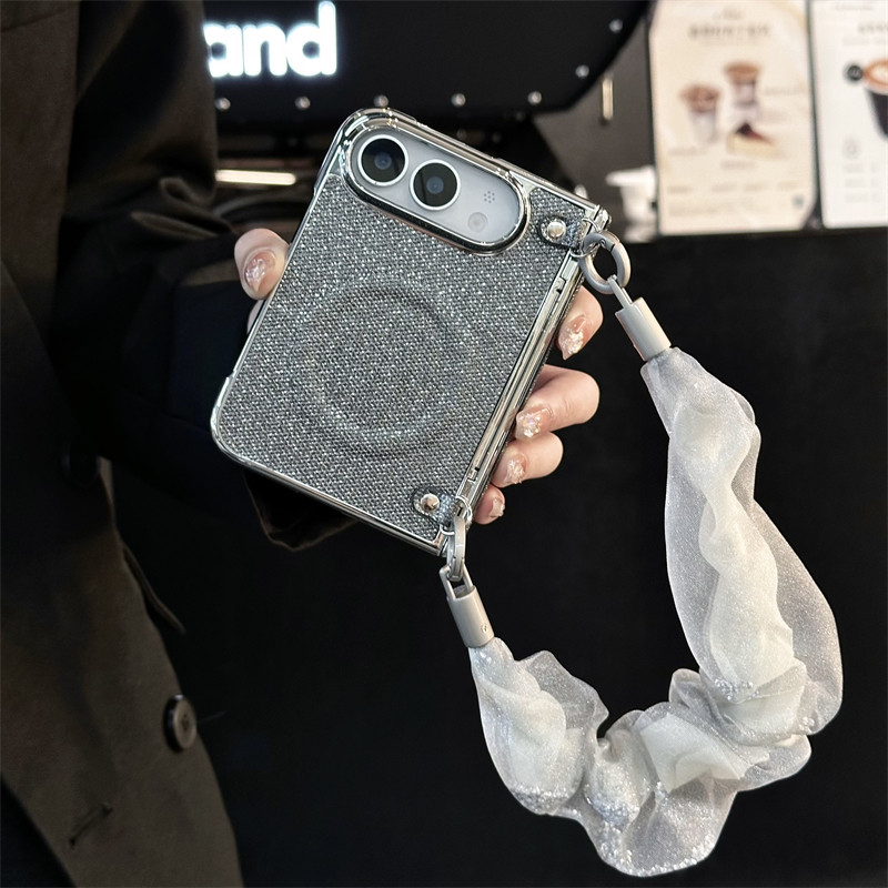 悦皇全包中轴前框磁吸适用于iPhone Duo折叠屏手机壳奢华电镀银灰纹斜挎绳手提纱巾苹果Duo翻盖无线充保护套