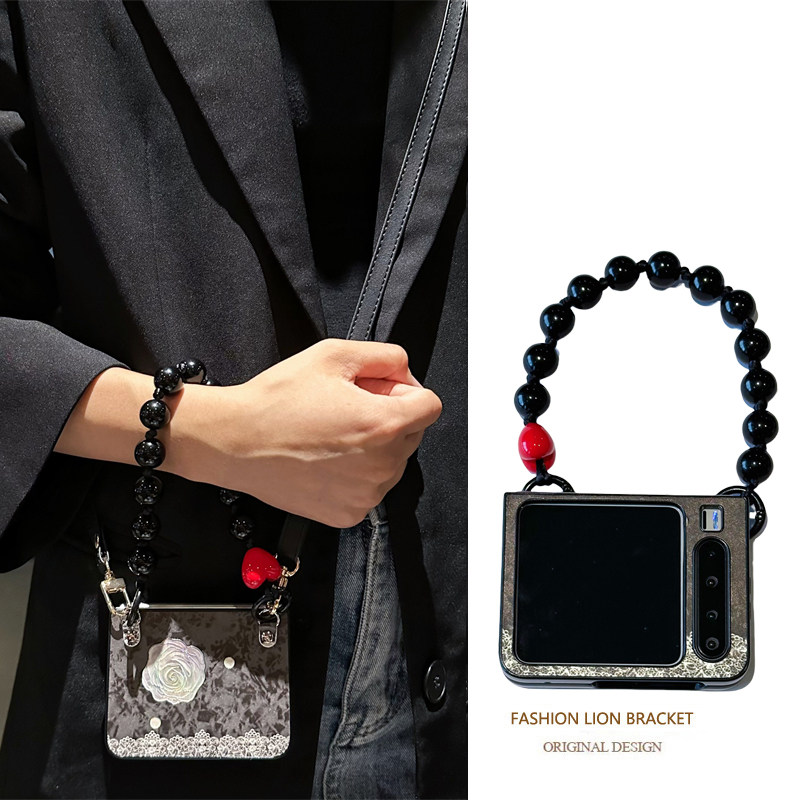 悦皇适用于烫金山茶花三星zflip7折叠屏手机壳zflip6翻盖防摔复古皮保护套zflip5手提珠链w25flip/w24外壳w23