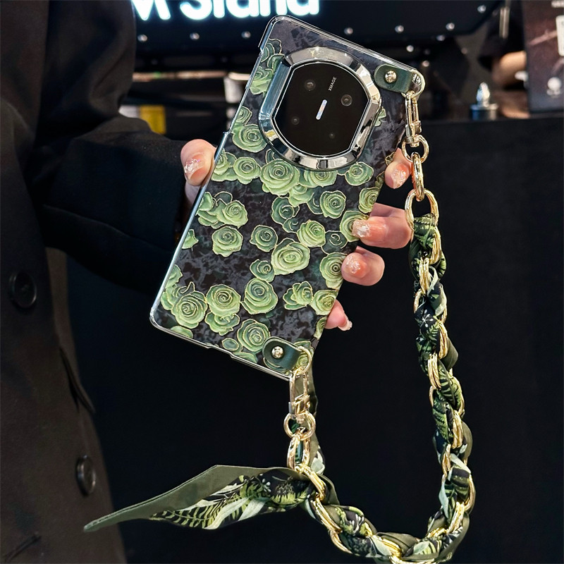 复古油画绿玫瑰花折叠手机壳全包