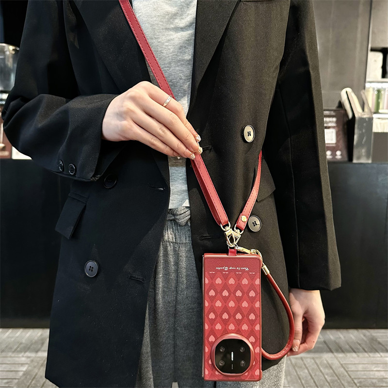 爱心菱格折叠手机壳斜挎挂绳手提