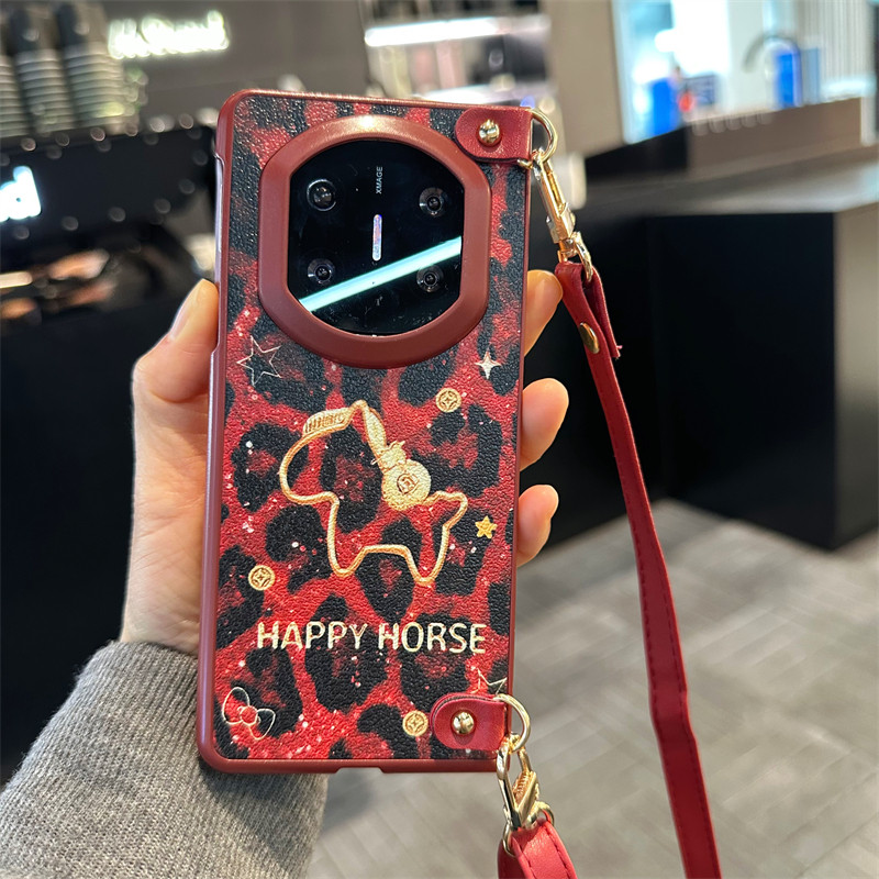 悦皇卡通风福袋马适用于荣耀magicv5折叠手机壳magicvs3国潮喜庆马年皮纹保护套magicV2斜挎挂绳木马手提v5壳