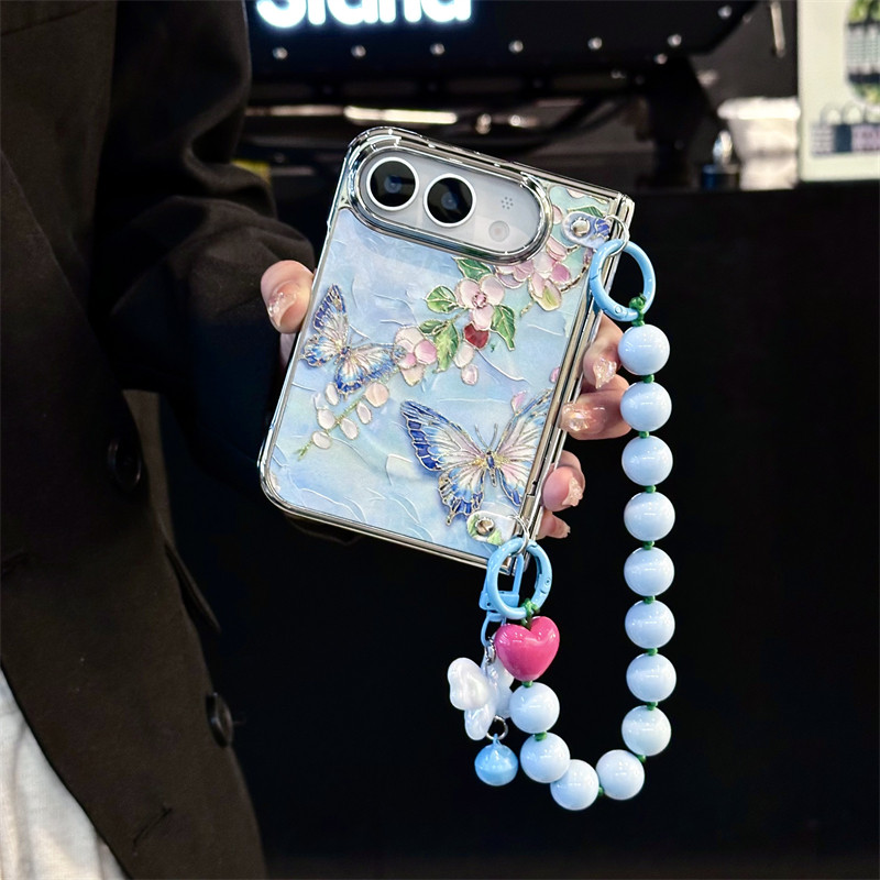 悦皇全包中轴前框适用于iPhoneDuo阔折叠手机壳烫金蓝蝴蝶挂饰苹果Duo翻盖防摔磁吸充电皮保护套斜挎绳手提珠