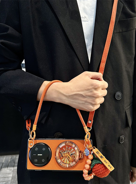 悦皇转盘發财马支架适用于荣耀MagicV5折叠手机壳斜挎挂绳magicvS3翻盖防摔橙色皮保护套magicv2手提好柿发生