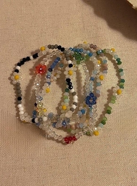 韩式少女串珠花朵手镯  ins风邹菊手饰  韩式复古彩色串珠手链女