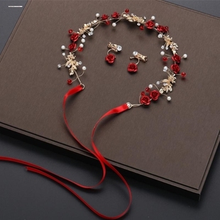 新中式红色森系头箍花朵花环发带新娘皇冠结婚纱头饰婚庆头戴配饰