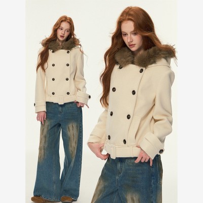 毛领双排扣短款毛呢羊毛大衣女秋冬韩系连帽加厚收腰显瘦外套上衣