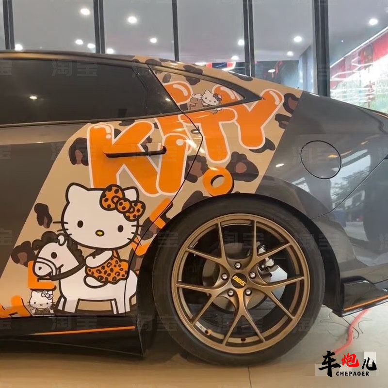 适用宝马四系个性卡通kitty猫车贴纸 特斯拉3Y蔚来es56豹纹猫拉花