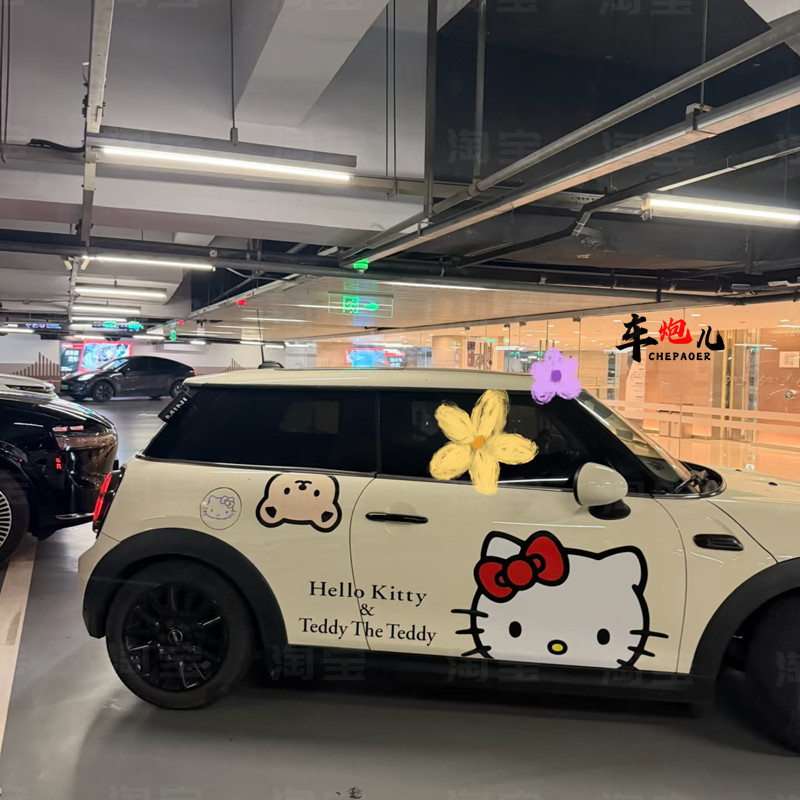适用宝马miniF55个性卡通kitty猫车贴纸 奔驰smart特斯拉3Y拉花