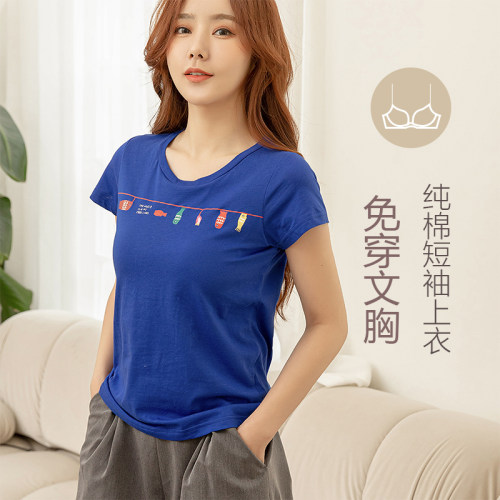 蕊瑟印花纯棉女带胸垫短袖上衣