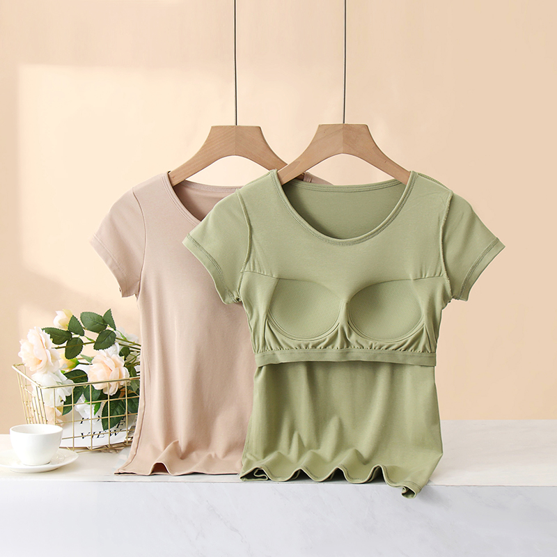 带胸垫白色防透短袖上衣