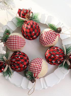 跨境港恒圣诞球松针叶松果粘装饰品白色泡沫包麻布圣诞树挂件吊球