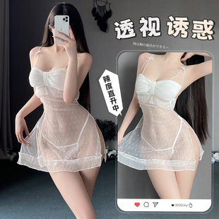 唯美网纱透视波点蕾丝吊带裙纯欲辣妹家居服蝴蝶结抹胸包臀睡裙女