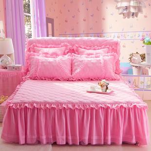 加厚床裙纯色夹棉床罩单件席梦思保护套防滑双人四件婚庆蕾丝床盖