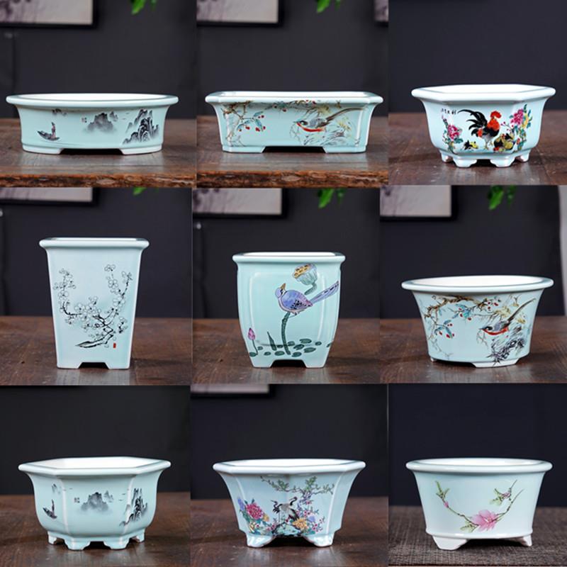 精品紫砂花盆青瓷釉长方四方形盆景盆彩绘贴画中国风绿植盆栽新款