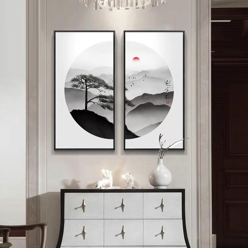 新中式客厅茶室装饰画中国风玄关背景墙壁画双联书房水墨山水挂画