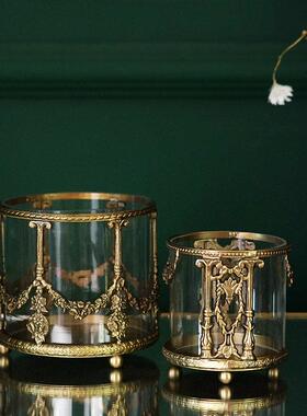 费灵家居欧式覆古雕花黄铜玻璃收纳桶化妆刷笔筒桌面轻奢摆件进口