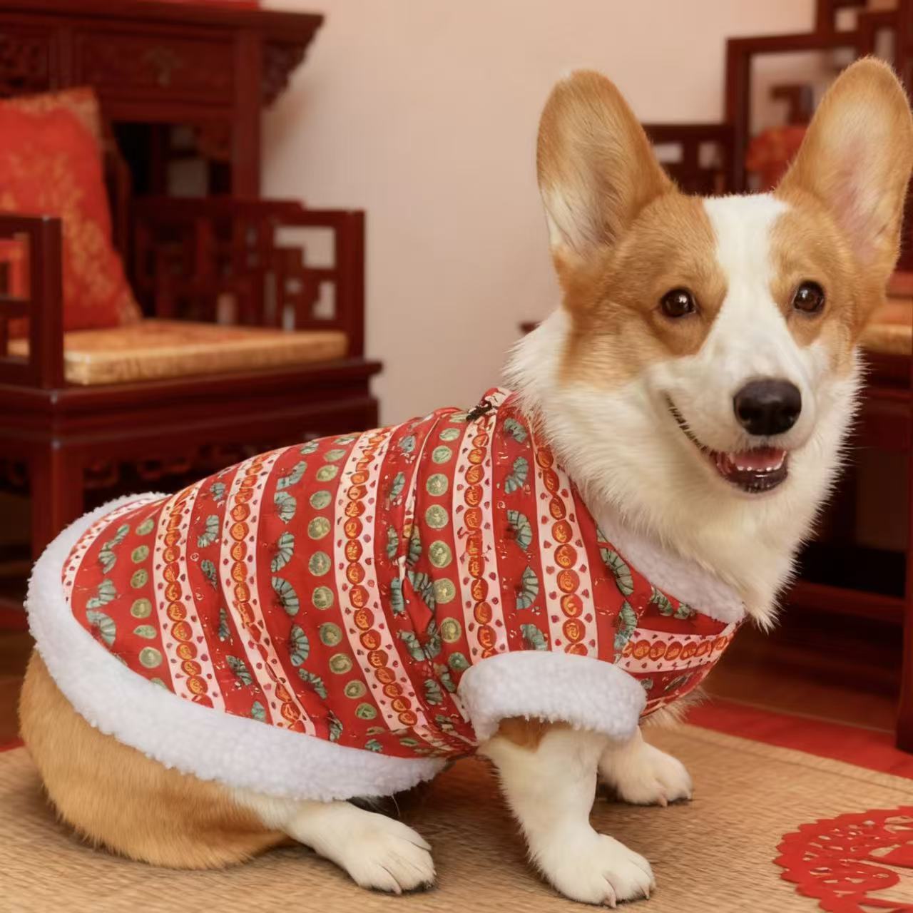 宠物狗狗秋冬保暖衣服加绒过年喜庆防掉毛泰迪柯基新年红马甲外套