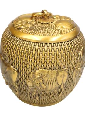 黄铜茶叶罐五牛茶叶罐福字茶叶罐铜带盖存茶罐家居办公室存储摆件