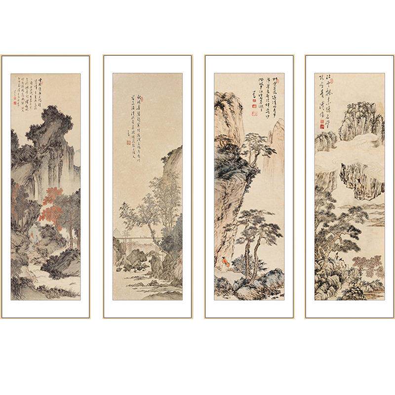 新中式客厅装饰画沙发背景墙四联风景水墨山水画茶室挂画书房壁画