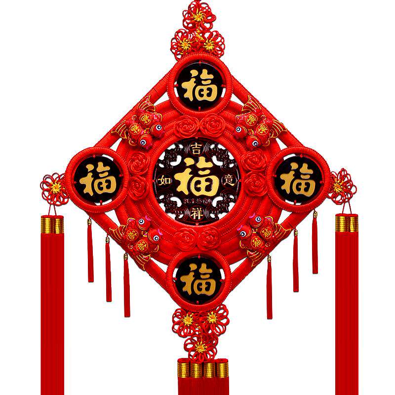 团锦结款桃木五福中国结挂件玄关背景墙乔迁开业喜庆客厅装饰