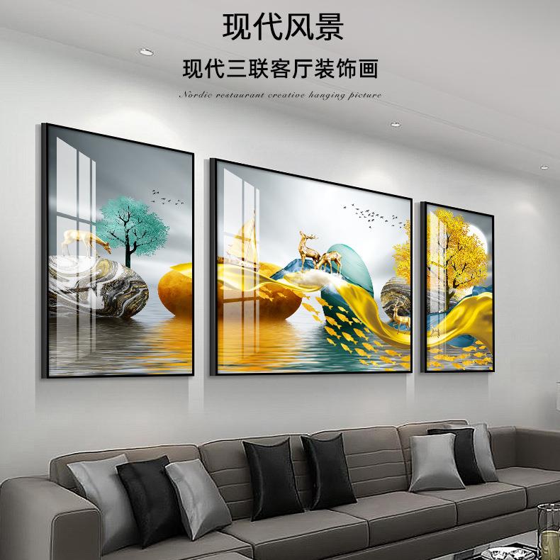 客厅装饰画现代中式晶瓷油画三联画沙发背景墙壁画麋鹿发财石来图片