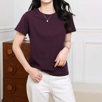 腾坊莱赛尔天丝棉圆领短袖T恤女士夏季显瘦百搭休闲上衣735