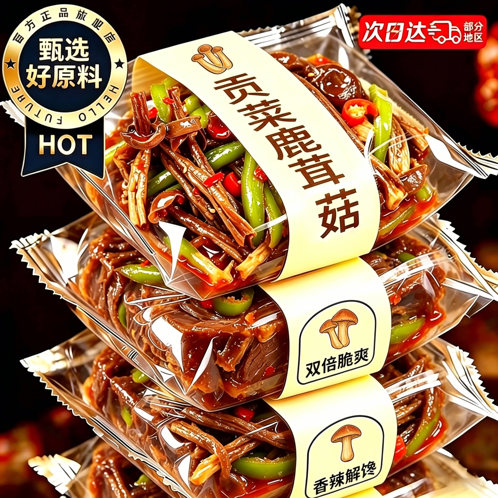 双鲜双脆！红油贡菜鹿茸菇