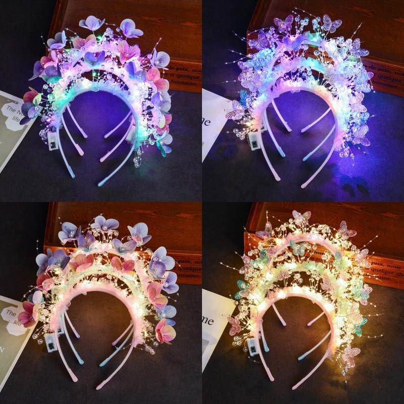 新款簪花蝴蝶发光头饰花朵发箍过发光玩具
