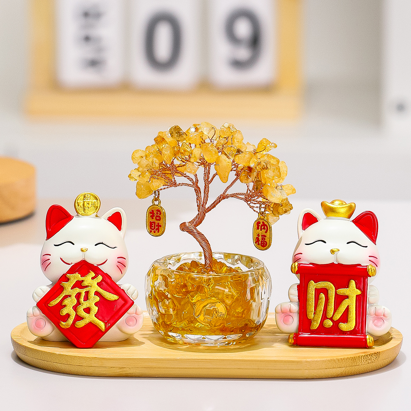 天然黄水晶发财树招财猫桌面摆件