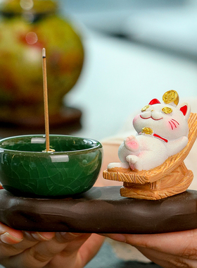 创意招财猫陶瓷小香炉燃香摆件