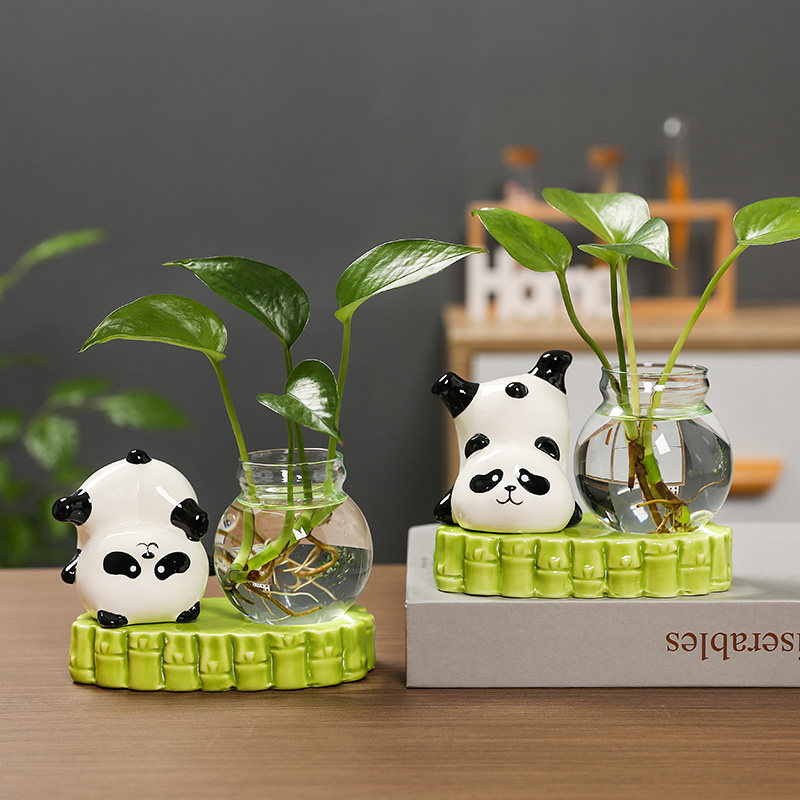 可爱熊猫办公室桌面水培玻璃透明小花瓶玄关客厅工位插花家居饰品,家居饰品,花瓶,淘宝优惠券,粉丝福利购,淘宝优惠卷