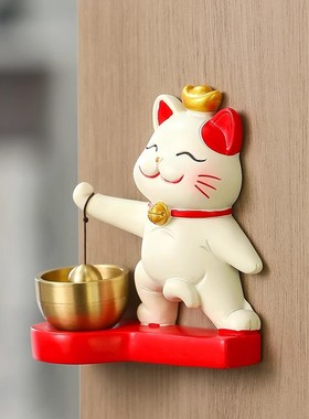 创意网红招财猫入户提醒铜铃多巴胺门铃门挂摆件桌面装饰开业礼物