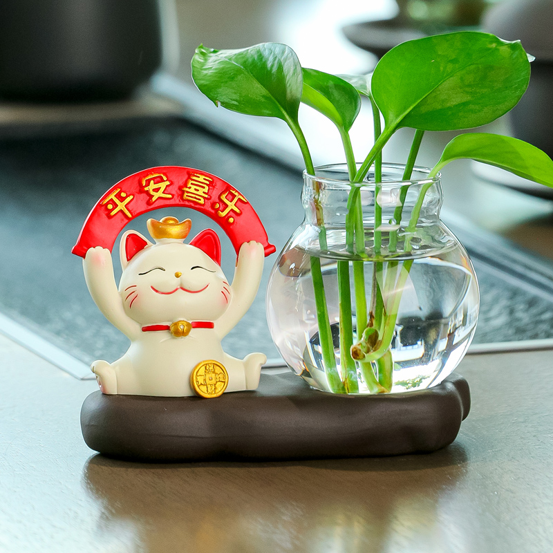 创意可爱招财猫水培玻璃花瓶器皿