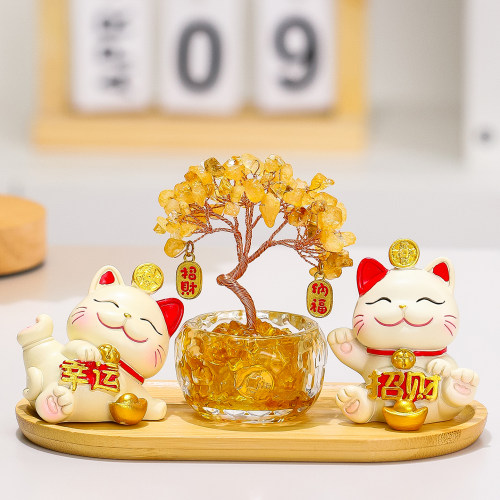 天然黄水晶发财树躺赚招财猫摆件