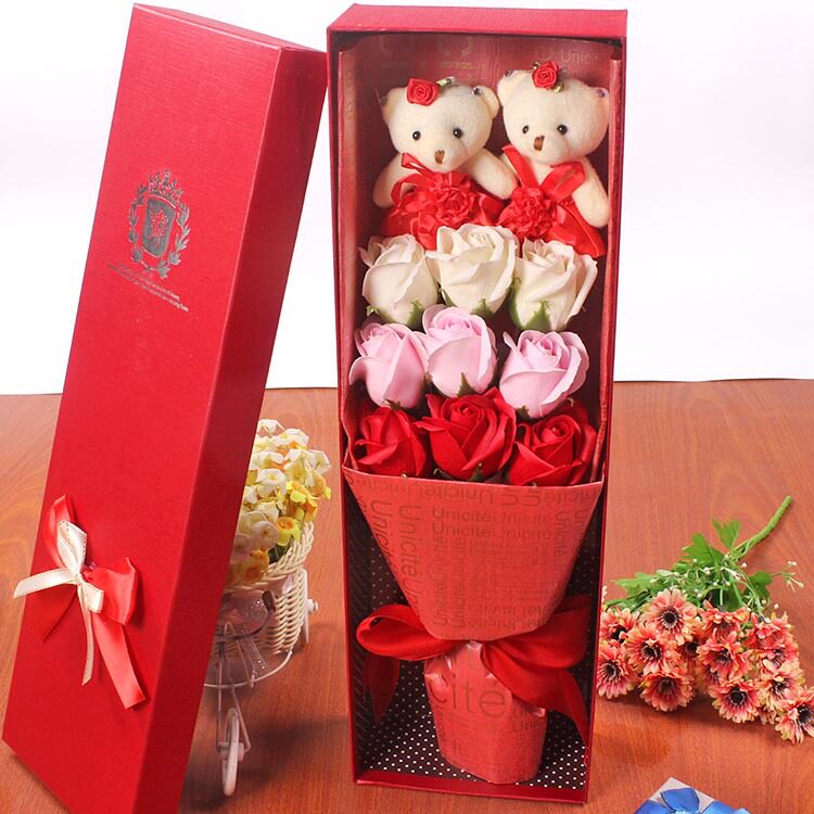 创意礼盒9朵玫瑰香皂花加公仔花束情人节母亲节礼物