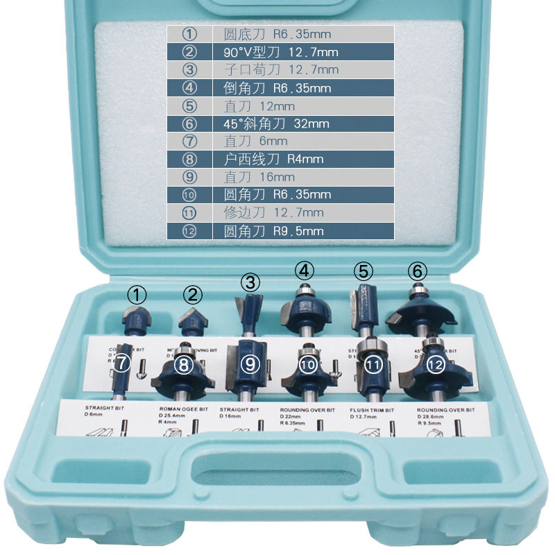木工铣刀塑盒套装 修边机雕刻机组合木工刀具1/4柄套装12PC/15PC