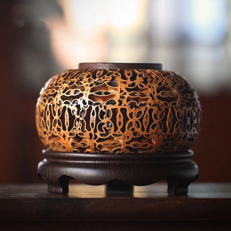 手工核桃镂空盘香炉线香炉木制香盒香薰炉创意茶道熏香炉佛具