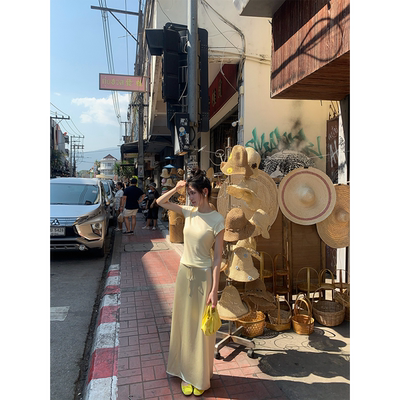 黄亮Elovey 松弛女孩套装显白淡黄色短袖+半裙两件套套装通勤百搭