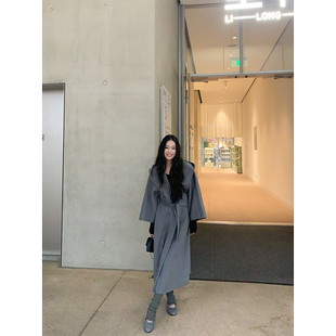 黄亮Elovey惬意暖冬 羊毛羊绒长款连帽灰色双面呢大衣（含腰带）