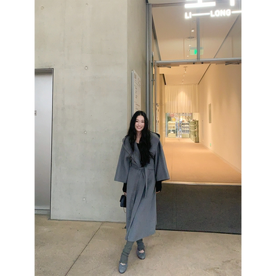 黄亮Elovey惬意暖冬 羊毛羊绒长款连帽灰色双面呢大衣（含腰带）