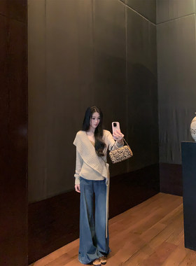 黄亮Elovey 经典不出错的棉感复古新潮洗水蓝阔腿牛仔裤