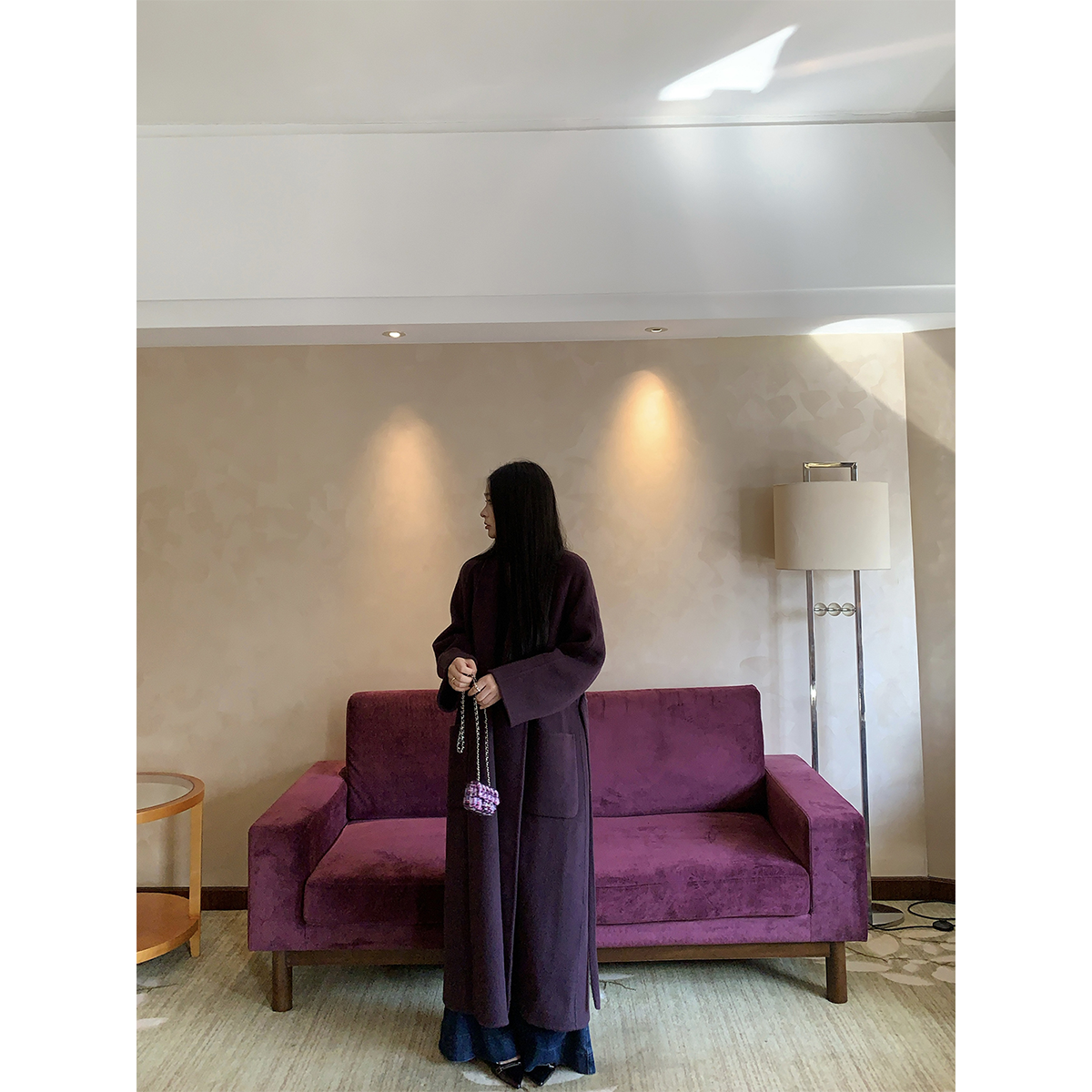 黄亮Elovey  绵羊毛翻领系带长款双面呢大衣外套女秋冬（含腰带)