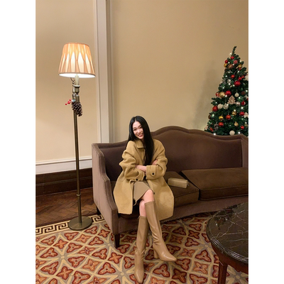 黄亮Elovey 重磅苏丽绵羊毛山羊绒翻领中长款双面呢大衣外套