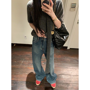 百搭A04 黄亮Elovey 通勤时尚 女直筒宽松休闲遮肉神裤 开春牛仔裤