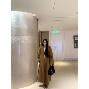黄亮Elovey【12/30】羊毛羊绒驼色围裹式长款双面呢大衣（含腰带